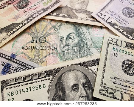 Czech Banknote Of 100 Korun And American Dollar Bills, Background And Texture