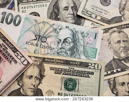 Czech Banknote Of 100 Korun And American Dollar Bills, Background And Texture