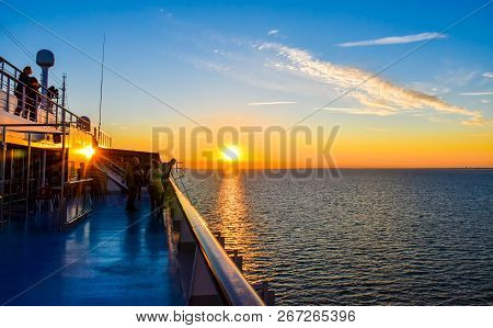 Puttgarden, Germany - July 14, 2017: Sunset On The Sea Between Germany And Denmark On The Fehmarnbel