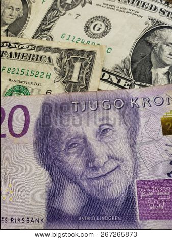 Swedish Banknote 20 Image Photo Free Trial Stock Swedish Banknote Of 20 Kronor And American Dollar Bills Background Texture