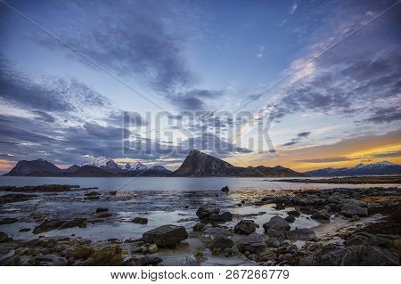 Coastal Landscape View From Sandnes, Flakstad, Lofoten, Nordland, Norway