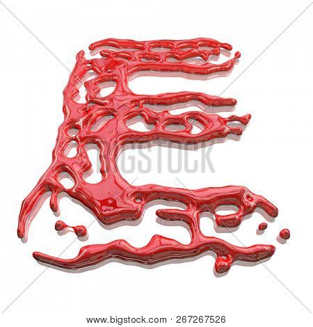 Letter E made of red paint drops isolated on white background. 3d rendering.