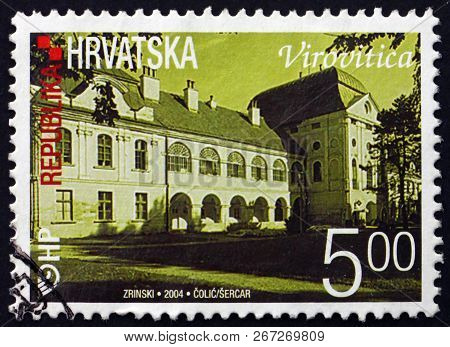 Zagreb, Croatia - November 1, 2018: A Stamp Printed In Croatia Shows Pejacevic Castle In Virovitica,