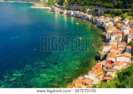 Aerial Top View Of Houses In Small Fishing Village Chianalea Di Scilla From Old Medieval Castle On R