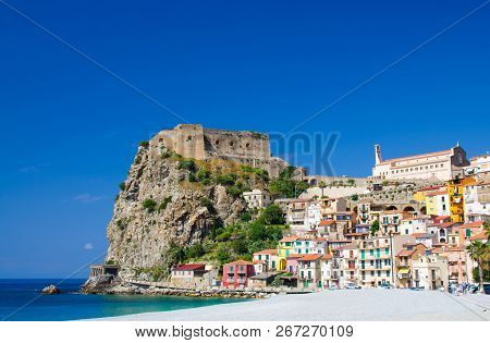 Beautiful Seaside Town Village Scilla With Old Medieval Castle On Rock Castello Ruffo, Colorful Trad