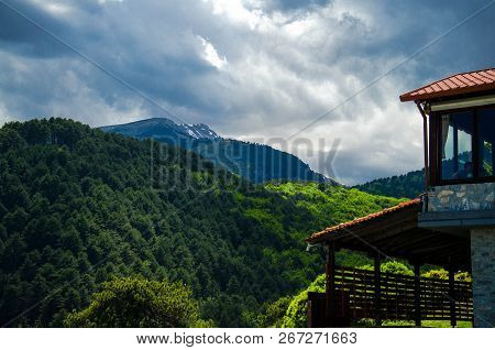 View Of Mountains Olympus Seen From Viewing Platform Near Building Of Tavern Cafe, Pieria, Macedonia