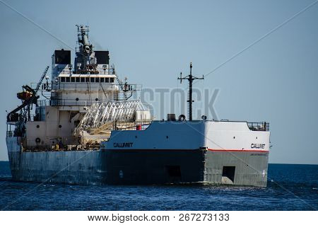 September 1 2018 - Duluth, Mn: Shipping Barge Boat Heads Out Into Lake Superior After Port In Duluth