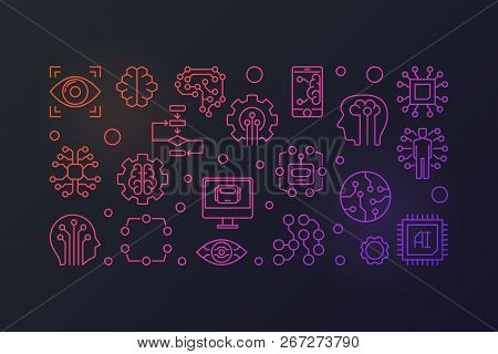 Ai Technology Colored Horizontal Banner. Artificial Intelligence Vector Concept Illustration In Thin