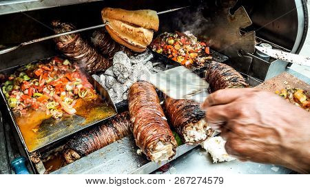 Turkish Street Food Kokorec Made With Sheep Bowel.