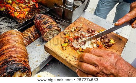 Turkish Street Food Kokorec Made With Sheep Bowel.