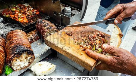 Turkish Street Food Kokorec Made With Sheep Bowel.