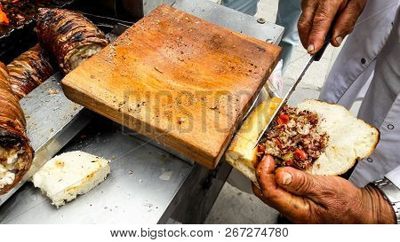 Turkish Street Food Kokorec Made With Sheep Bowel.