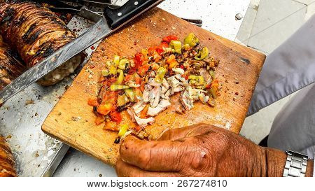 Turkish Street Food Kokorec Made With Sheep Bowel.