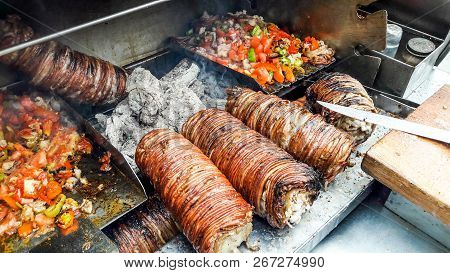 Turkish Street Food Kokorec Made With Sheep Bowel.