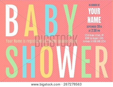 Vector Invitation Fof Baby Shower With Colorful Letters. Baby Shower Card In Retro Style.
