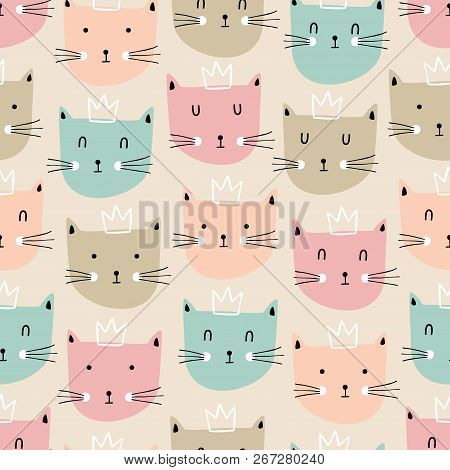 Baby Seamless Pattern With Cute Cats. Childish Seamless Pattern With Adorable Cat Faces On Isolated 