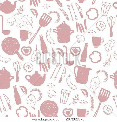 Vector Seamless Pattern With Cutlery And Kitchenware Elements - Pan, Pot, Fork, Knife, Vegetables, S
