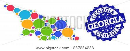 Social Network Map Of Georgia Country And Blue Grunge Stamp Seal. Mosaic Map Of Georgia Country Is F