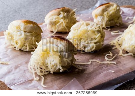 Turkish Sacakli Sakalli Or Mini Cheese Sandwich Turkish Fast Food Concept.