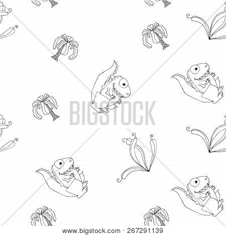 Cartoons Dragon, Plant Hand Drawn Monochrome Sketch Seamless Pattern. Design Element Stock Vector Il