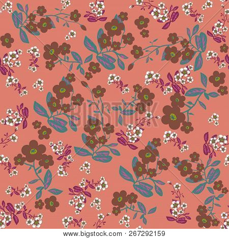 Flowers Seamless Pattern. Vector Red Folk Background For Prints, Wrapping, Texlile