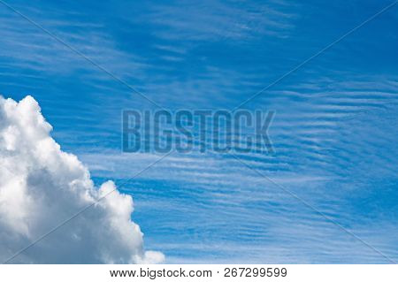 Blue Sky Cumulus Clouds. Clear Cloudscape On Sunny Day. Serenity And Calm