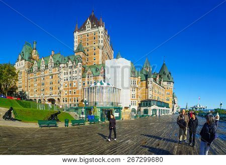 Quebec City, Canada - September 27, 2018: View Of The Dufferin Terrace And The Chateau Frontenac, Wi
