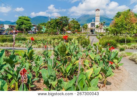 La Fortuna, Costa Rica - May 10, 2016: Parque Central Square In La Fortuna Village.