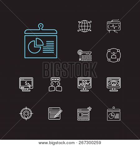 Engine Icons Set. Website Optimization And Engine Icons With Target Keyword, Social Network And Earn