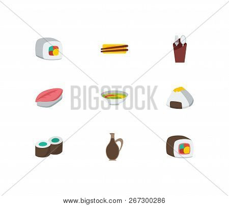 Sushi Icons Set. Saba Nigiri And Sushi Icons With Soup, Chopstick And Fork With Spoon. Set Of Napkin