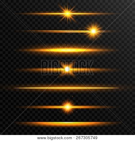 Shining Line Set. Golden Realistic Lens Flare Set. Collection Of Gold Light Effects On Transparent B