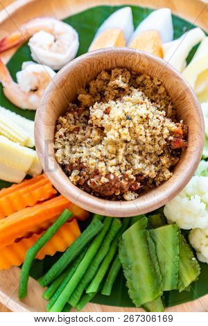 Nam phrik, Thai chili paste with variety vegetable and shrimp and egg.  Thai traditional food cuisine.