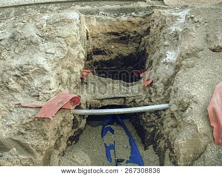 Building Of Crossection Of Water Pipeline And Electric Lines Or Telecommunication Cables Constructio