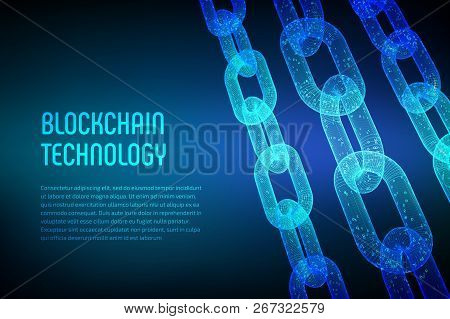 Blockchain. Cryptocurrency. Block Chain Concept. 3d Wireframe Chain With Digital Code. Editable Temp