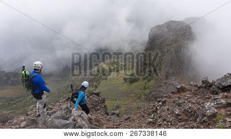 Machachi, Pichincha / Ecuador, May 24 2015: Couple Of Climbers Descending From The Ruminahui Volcano