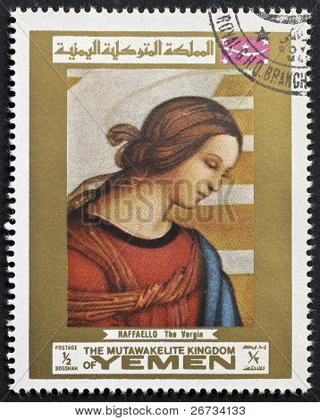 Yémen - CIRCA 1969 : un timbre imprimé en spectacles au Yémen une image de la Vierge, peinte par Raphaël, le 