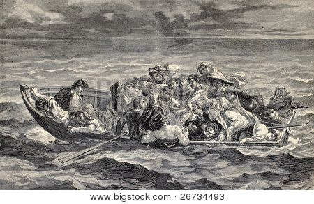 Antikke indgraveret illustration viser Don Juan, af Eugene Delacroix forlis. . Tegning af M