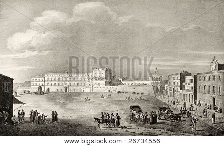 Antica illustrazione di luogo di Palazzo reale, a Palermo, Italia. L'incisione originale, creato da Dura, 