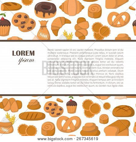 Vector Illustration With Cartoon Bakery Shop Background. Pasrty Vector Objects. Sweet Bun, Croissant