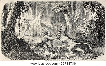 Antica illustrazione di un cacciatore di indigeno nella lotta contro la bestia selvaggia giungla. Originale, da un 