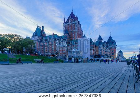 Quebec City, Canada - September 27, 2018: Sunset Scene Of The Dufferin Terrace And The Chateau Front
