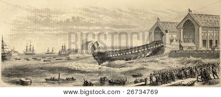 Antica illustrazione di un lancio di nave militare: fregata La Normandia nel porto di Cherbourg. Origine