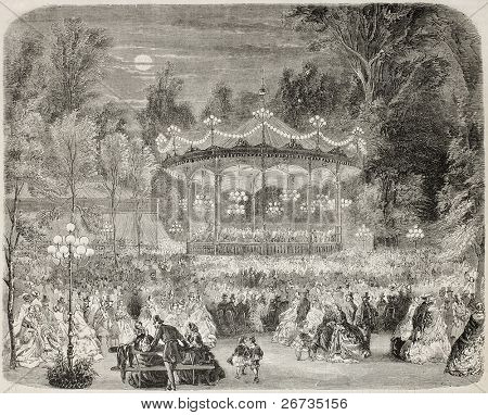 Antique illustration of concert pavilion in Champs ElysÃ©es, Paris. Original, from drawing of Provost, was published on L'Illustration, Journal Universel, Paris, 1860