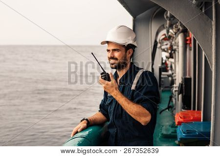 Marine Deck Officer Or Chief Mate On Deck Of Vessel Or Ship