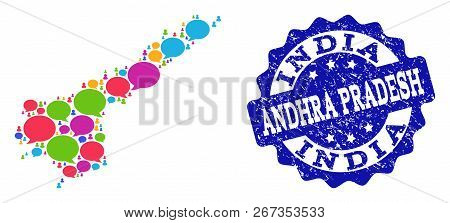 Social Network Map Of Andhra Pradesh State And Blue Rubber Stamp Seal. Mosaic Map Of Andhra Pradesh 