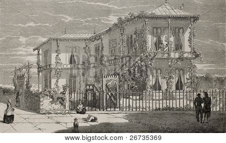 Antikke illustration af en tyrkisk villa, bygget af A. de Beaumont. Original gravering, fra tegning o