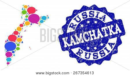 Social Network Map Of Kamchatka Peninsula And Blue Grunge Stamp Seal. Mosaic Map Of Kamchatka Penins