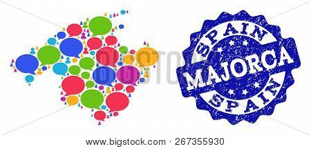 Social Network Map Of Majorca And Blue Distress Stamp Seal. Mosaic Map Of Majorca Is Composed With W