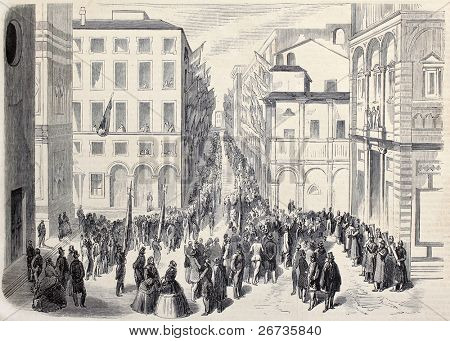 Antica illustrazione della folla che frequentano la riunione politica a Bologna, Italia. Originale, dal disegno di W