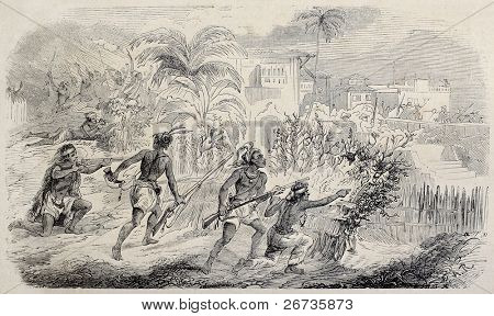 Antica illustrazione dei guerrieri nativi centroamericani aspettando agguato. Originale, dal disegno di R